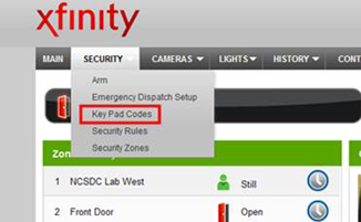 Key pad codes is selected under the security tab.