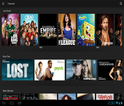 The Features screen in the XFINITY TV Go app for Android devices.
