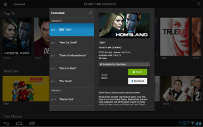 A TV listing showing options to Play or Download in the XFINITY TV Go app for Android devices.