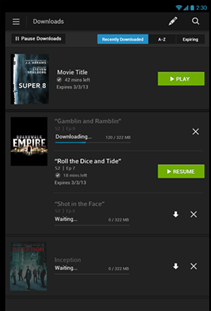 The Download Manager screen in the XFINITY TV Go app for Android devices.