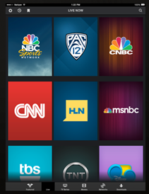 The Live tab in the XFINITY TV Go app for Android devices.