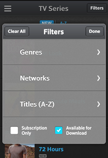The Filters option in the XFINITY TV Go app for Apple devices lists the following options: Genres, Networks, Titles (A-Z), Subscription Only, Available for Download.