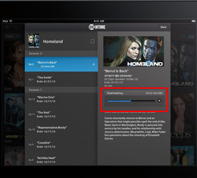 A TV listing with download in progress in the XFINITY TV Go app for Apple devices.