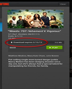 A downloaded TV episode showing a download-expiry date in the XFINITY TV Go app for Apple devices.