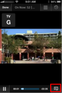 When watching video, the closed captioning toggle can be accessed in the bottom-right screen of the XFINITY TV Go app for Apple devices.