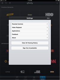 The Settings screen in the XFINITY TV Go app for Apple devices.