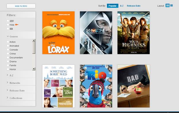 A screen displays poster art of movies available on xfinity.com/tv
