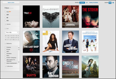 This is an XFINITY TV Go screen. There are 12 TV series titles across the screen in rows. On the left hand side of the screen, there is a Filter option and below that, a Search option, where one can type in titles.