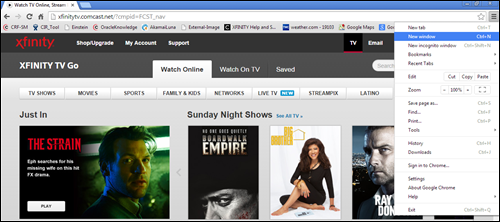 The New Window option is highlighted on the Chrome drop-down menu on the right of the screen
