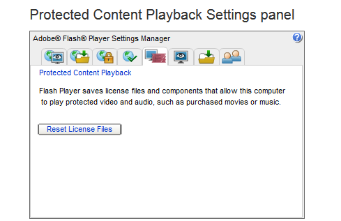 The Reset License Files button is displayed on the Protected Content Playback Settings panel