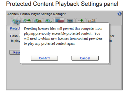 Confirm and cancel buttons are displayed on the Protected Content Playback Settings panel