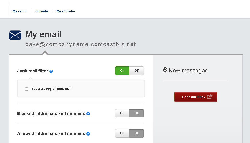Comcast Business Manage junk email settings