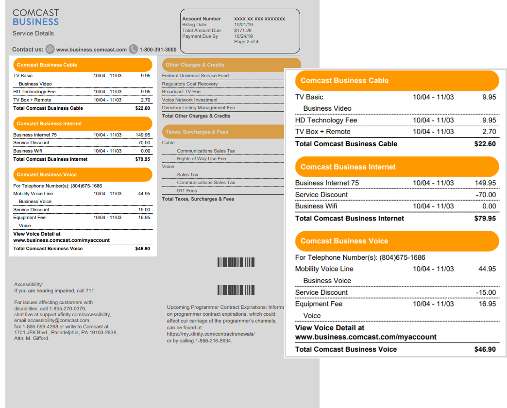 sample comcast cable bill